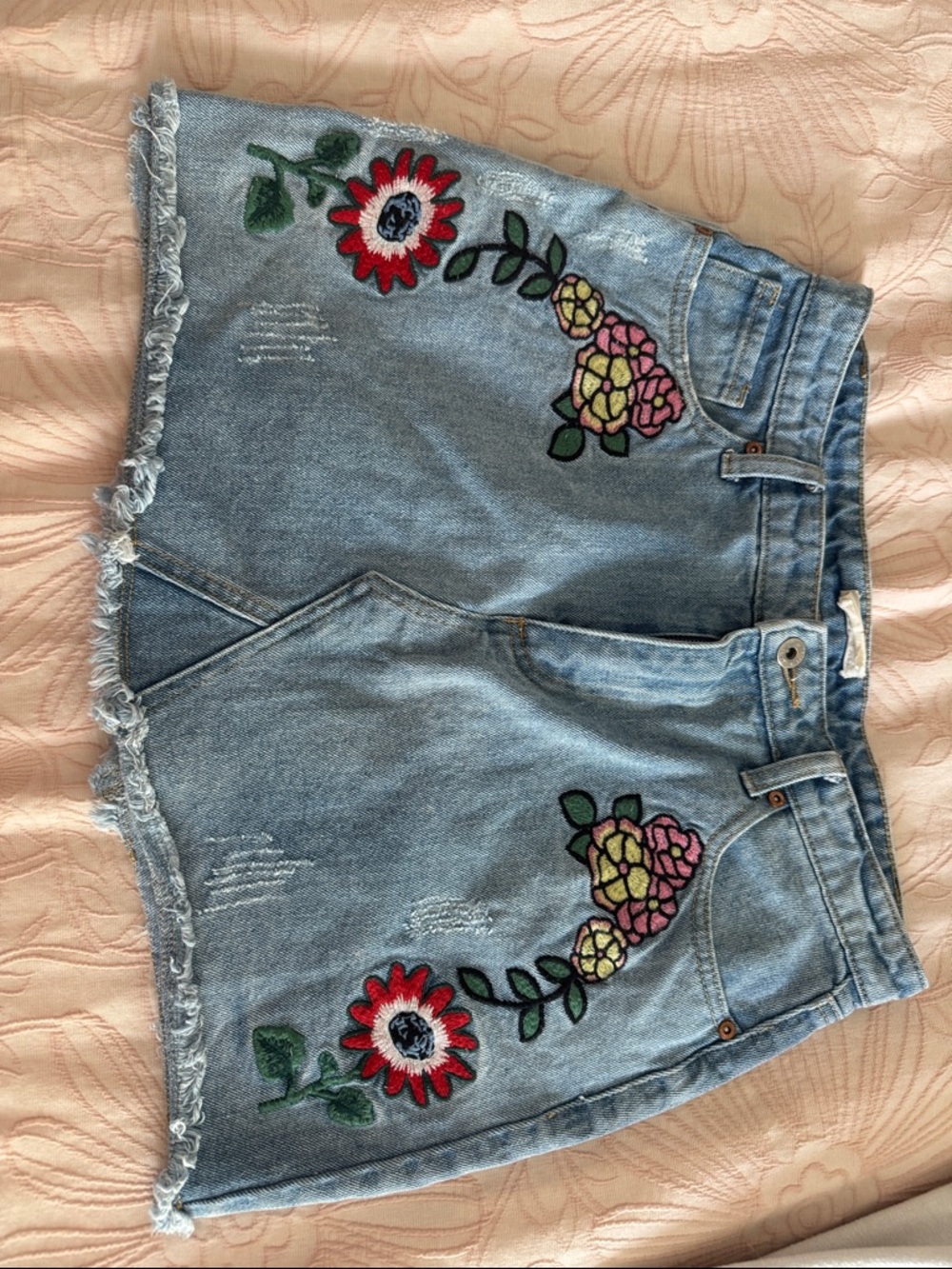 vestique Light Blue Embroidered Floral Denim Shorts